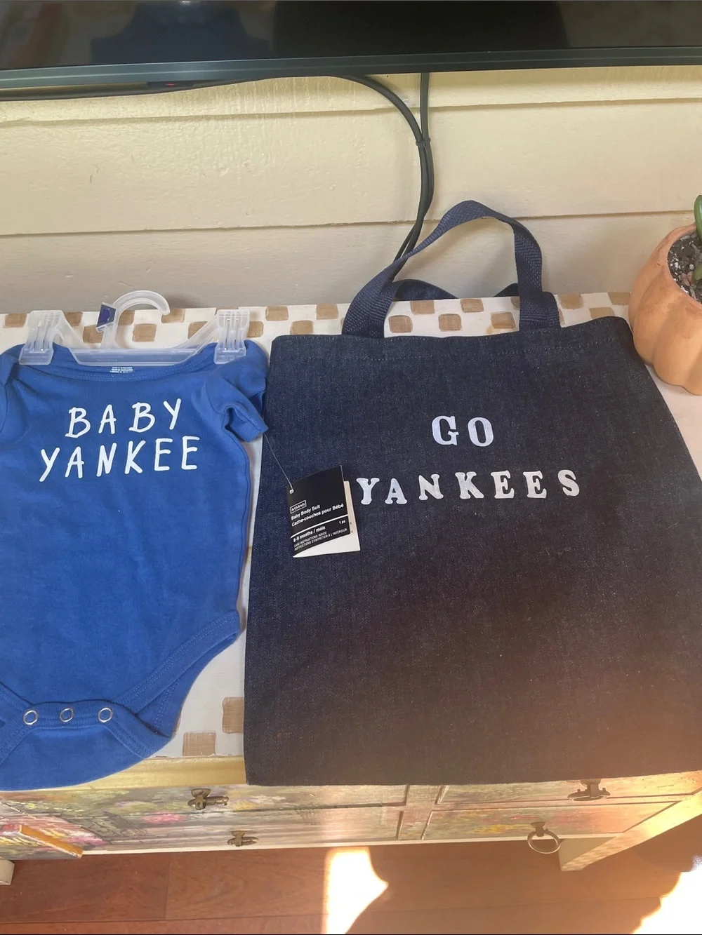 New Baby Yankee Onesie & Denim Go Yankees Tote